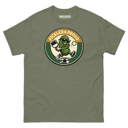 Pickled & Proud retro pickleball shirt in Military Green, front view