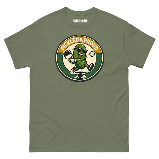 Pickled & Proud retro pickleball shirt in Military Green, front view