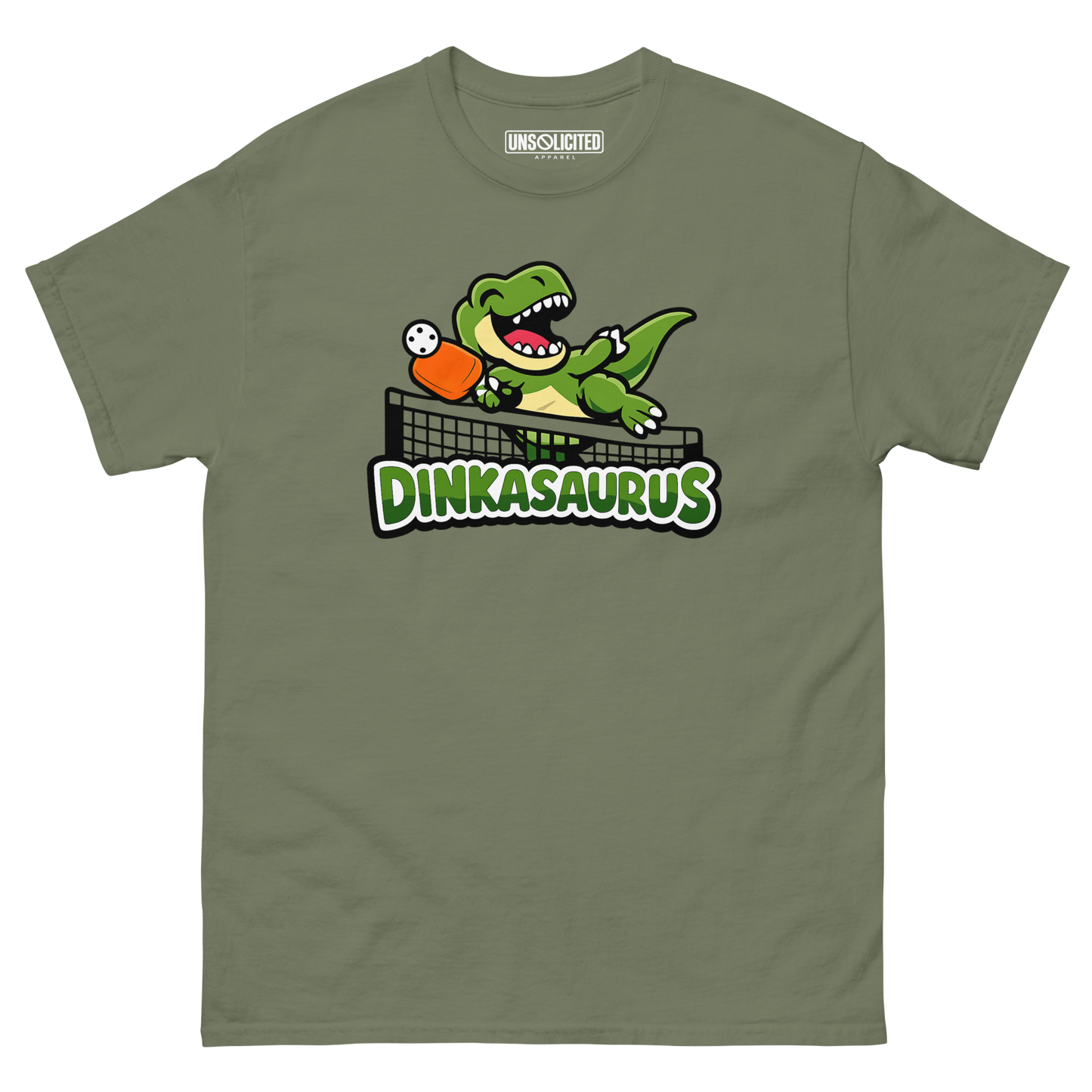 Dinkasaurus funny pickleball dinosaur shirt in Military Green, front view