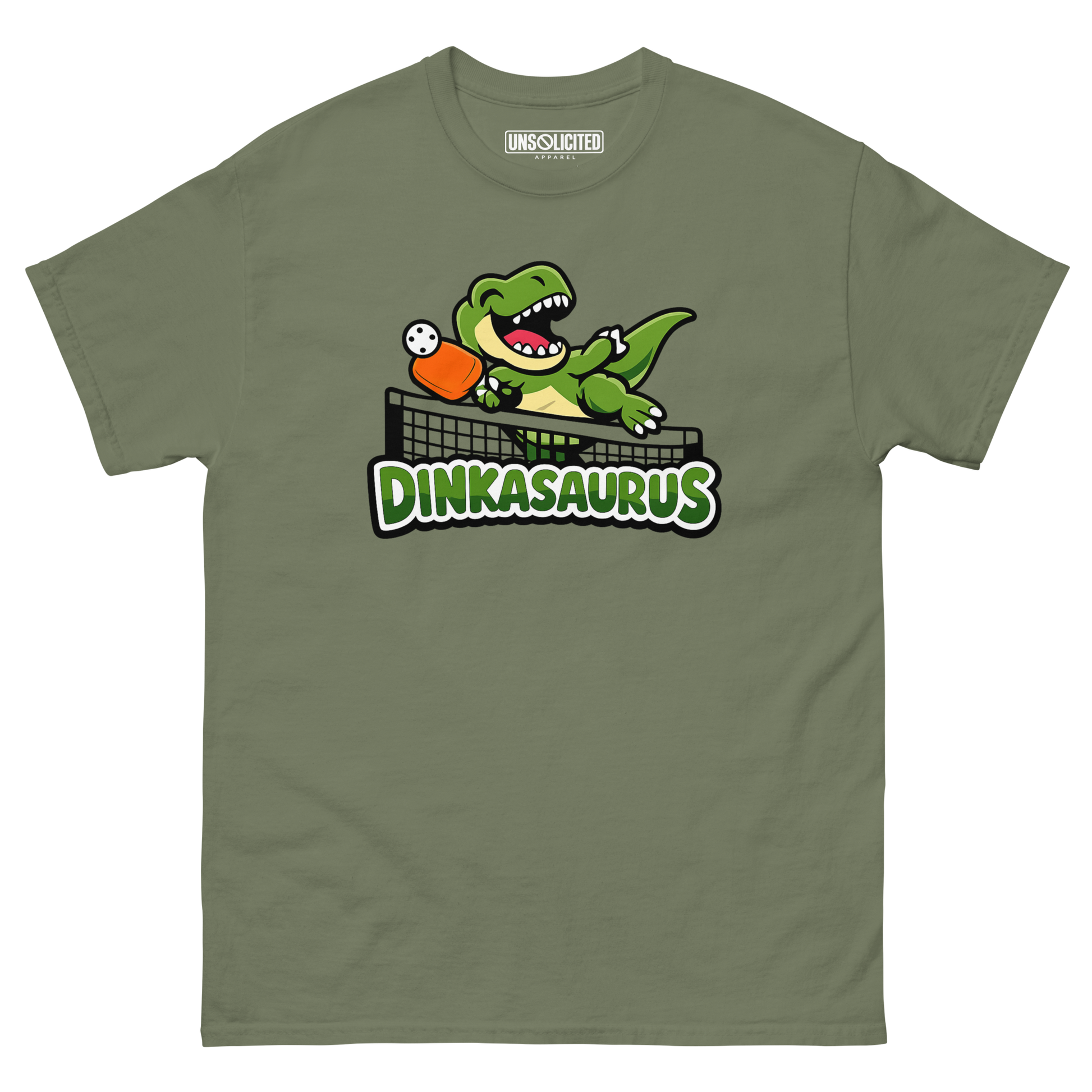 Dinkasaurus funny pickleball dinosaur shirt in Military Green, front view