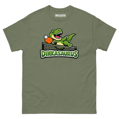 Dinkasaurus funny pickleball dinosaur shirt in Military Green, front view
