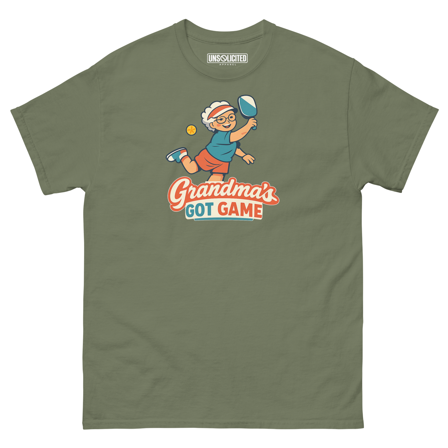 Grandma's Got Game funny pickleball shirt in Military Green, front view