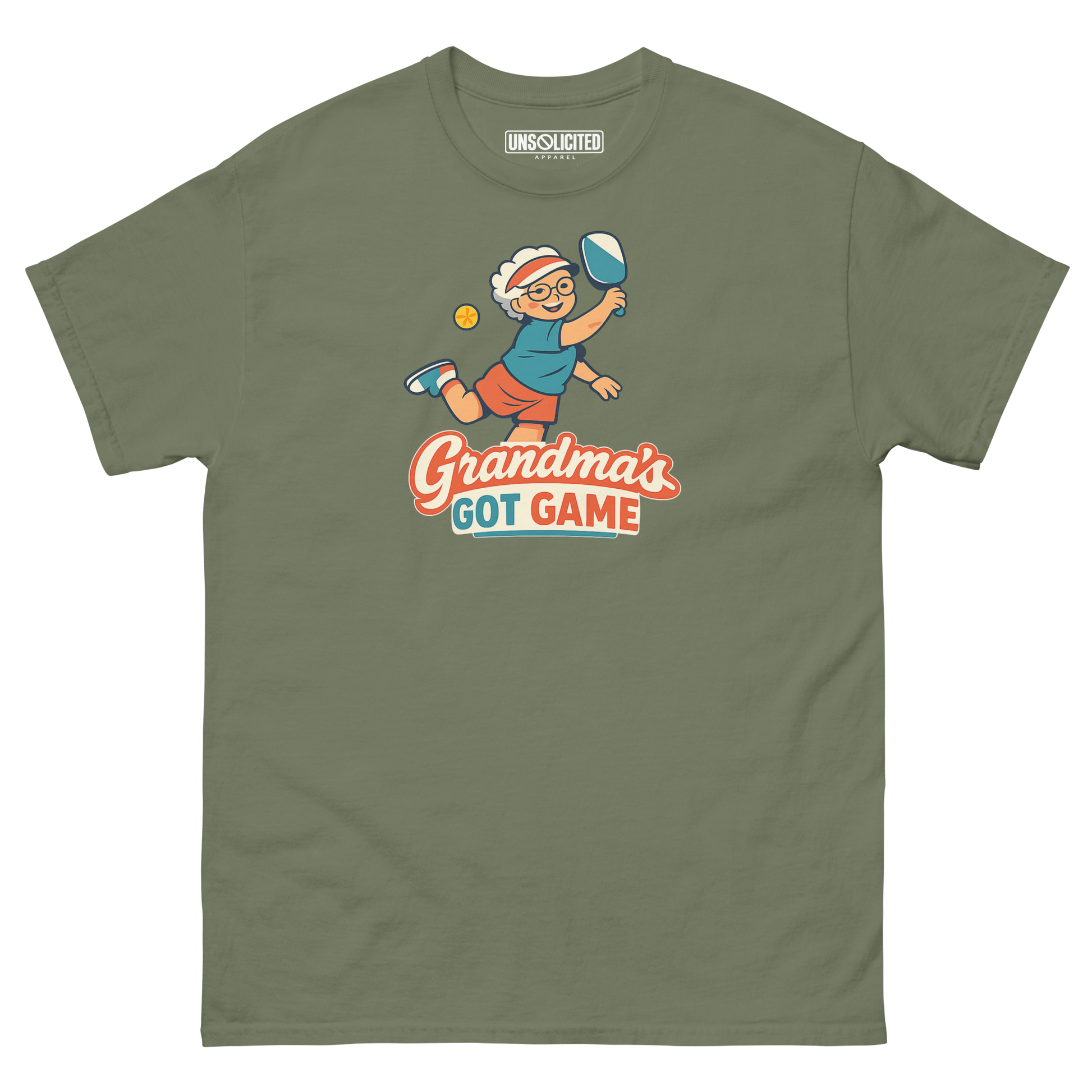 Grandma's Got Game funny pickleball shirt in Military Green, front view