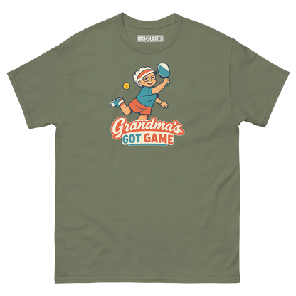 Grandma's Got Game funny pickleball shirt in Military Green, front view