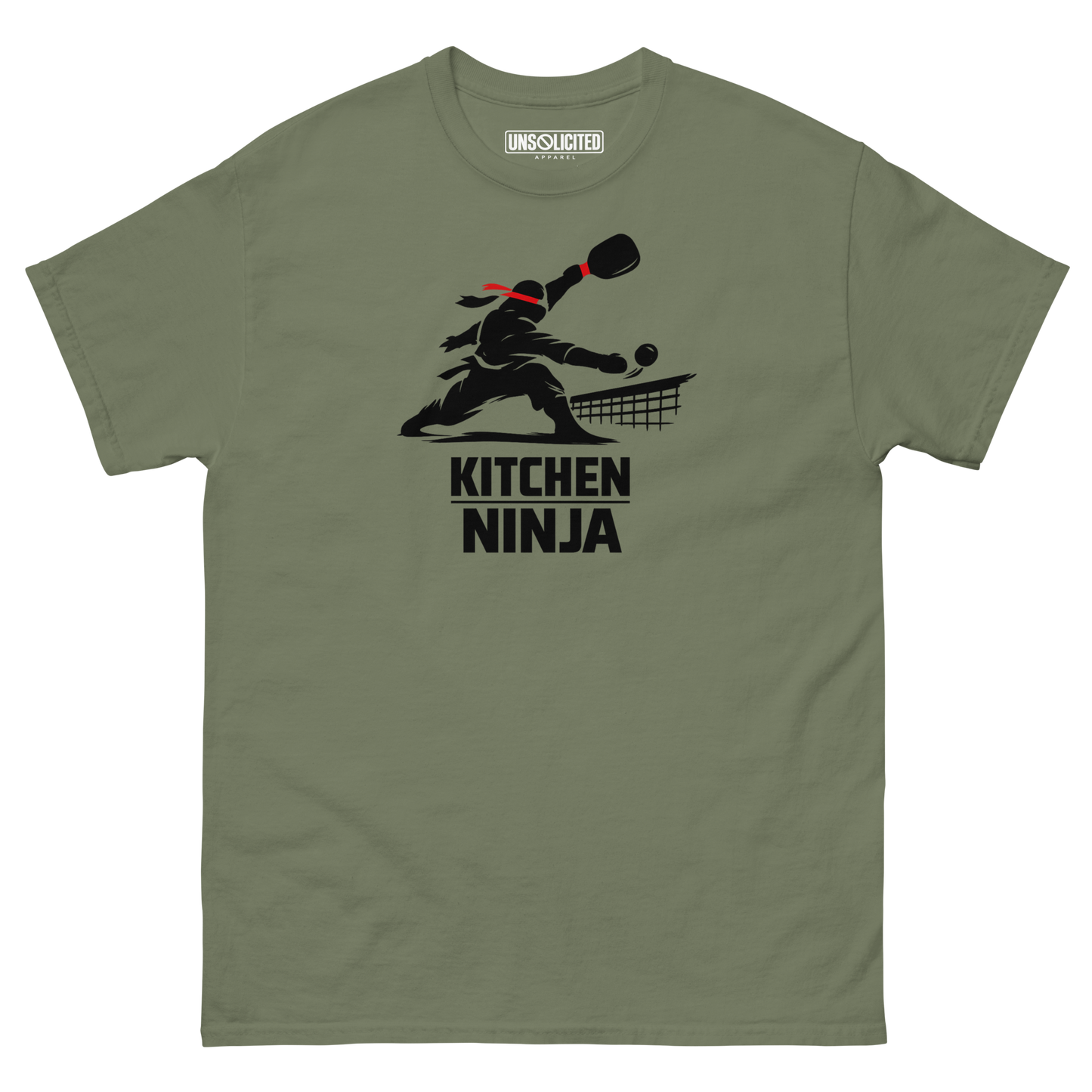 Kitchen Ninja funny pickleball shirt in Military Green, front view