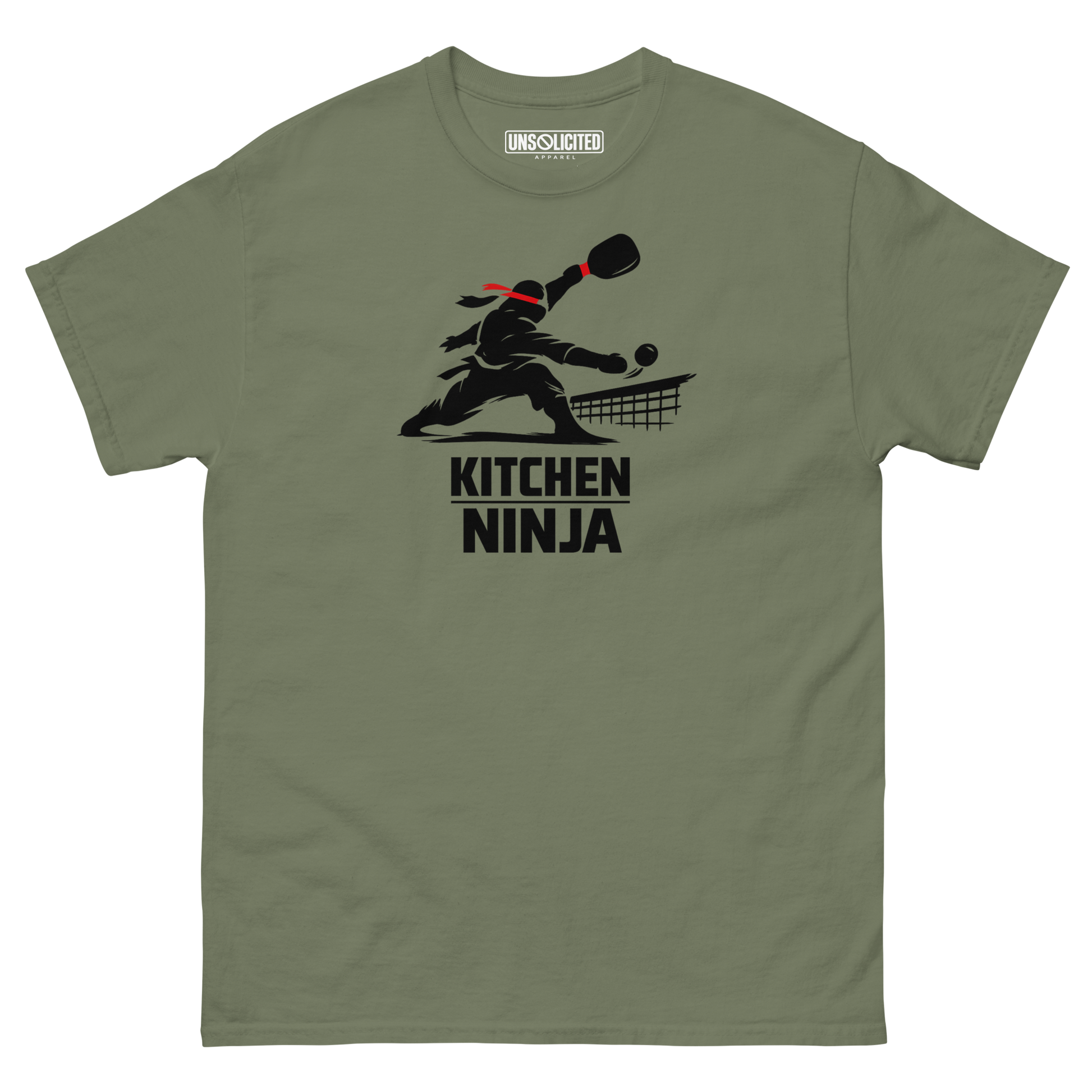 Kitchen Ninja funny pickleball shirt in Military Green, front view