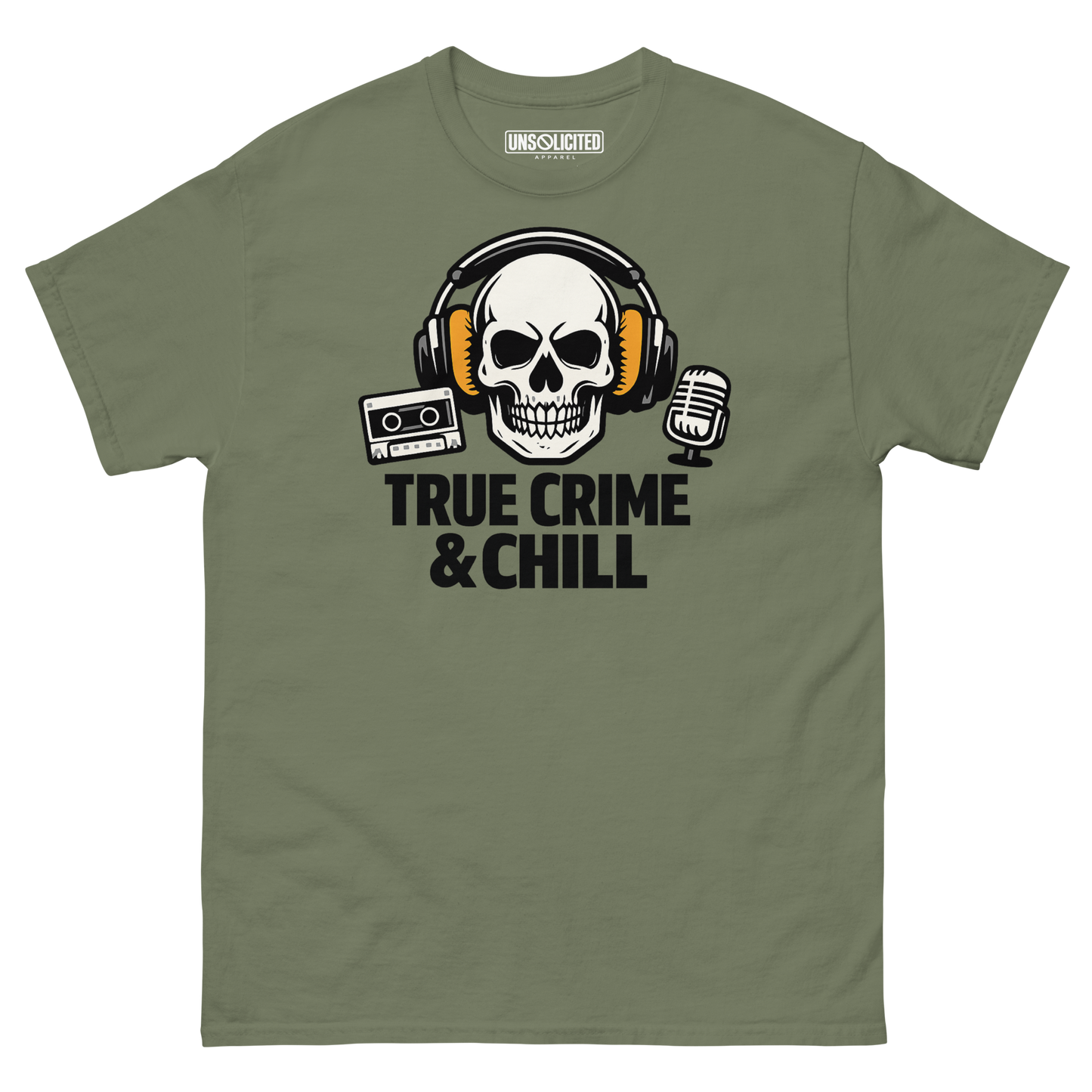 True Crime and Chill funny podcast shirt in military green, front view