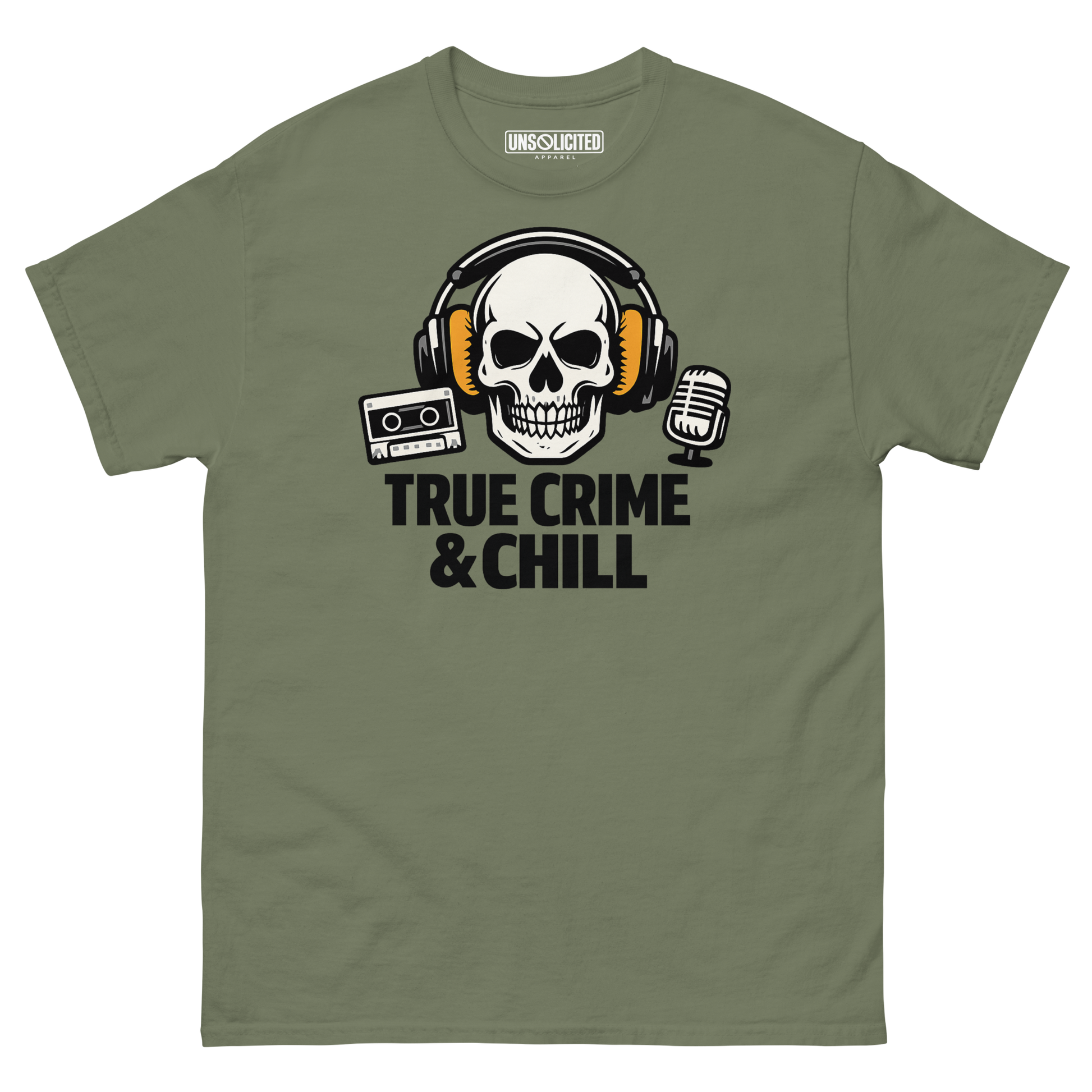 True Crime and Chill funny podcast shirt in military green, front view