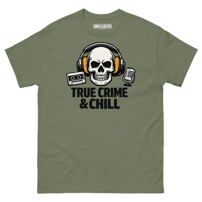 True Crime and Chill funny podcast shirt in military green, front view