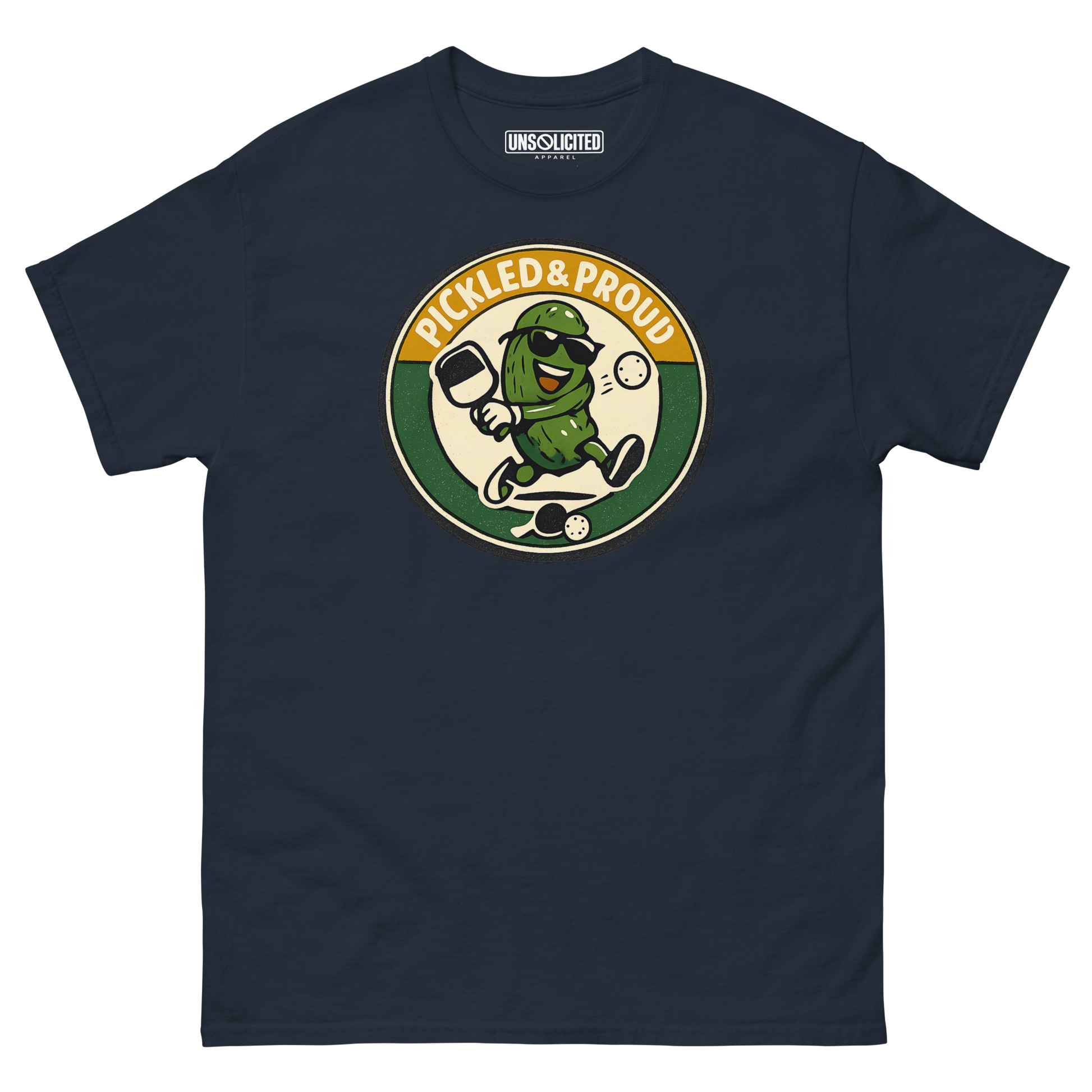 Pickled & Proud retro pickleball shirt in Navy, front view