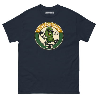 Pickled & Proud retro pickleball shirt in Navy, front view