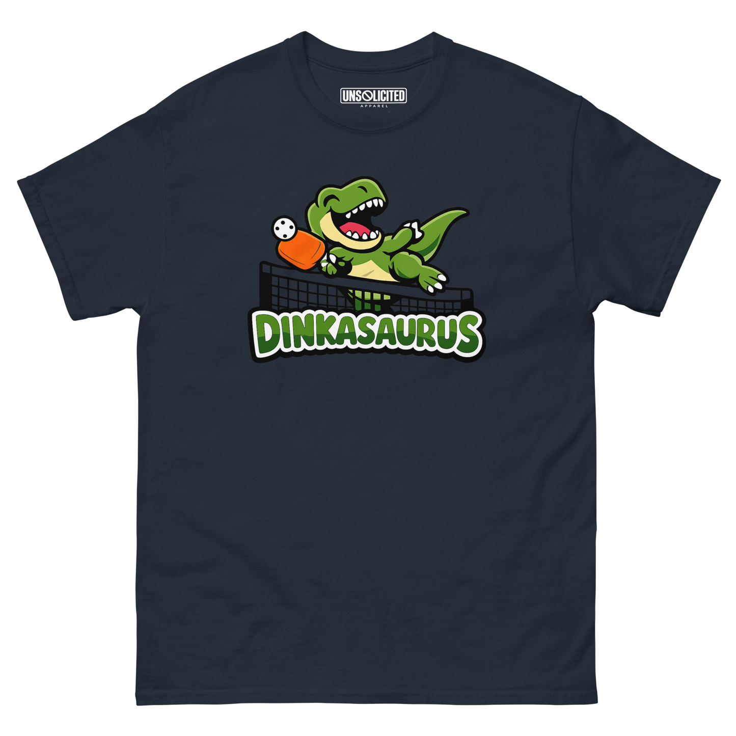 Dinkasaurus funny pickleball dinosaur shirt in Navy, front view