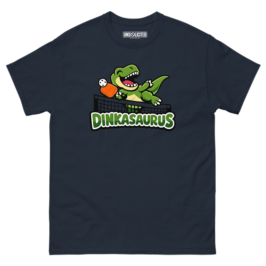 Dinkasaurus funny pickleball dinosaur shirt in Navy, front view