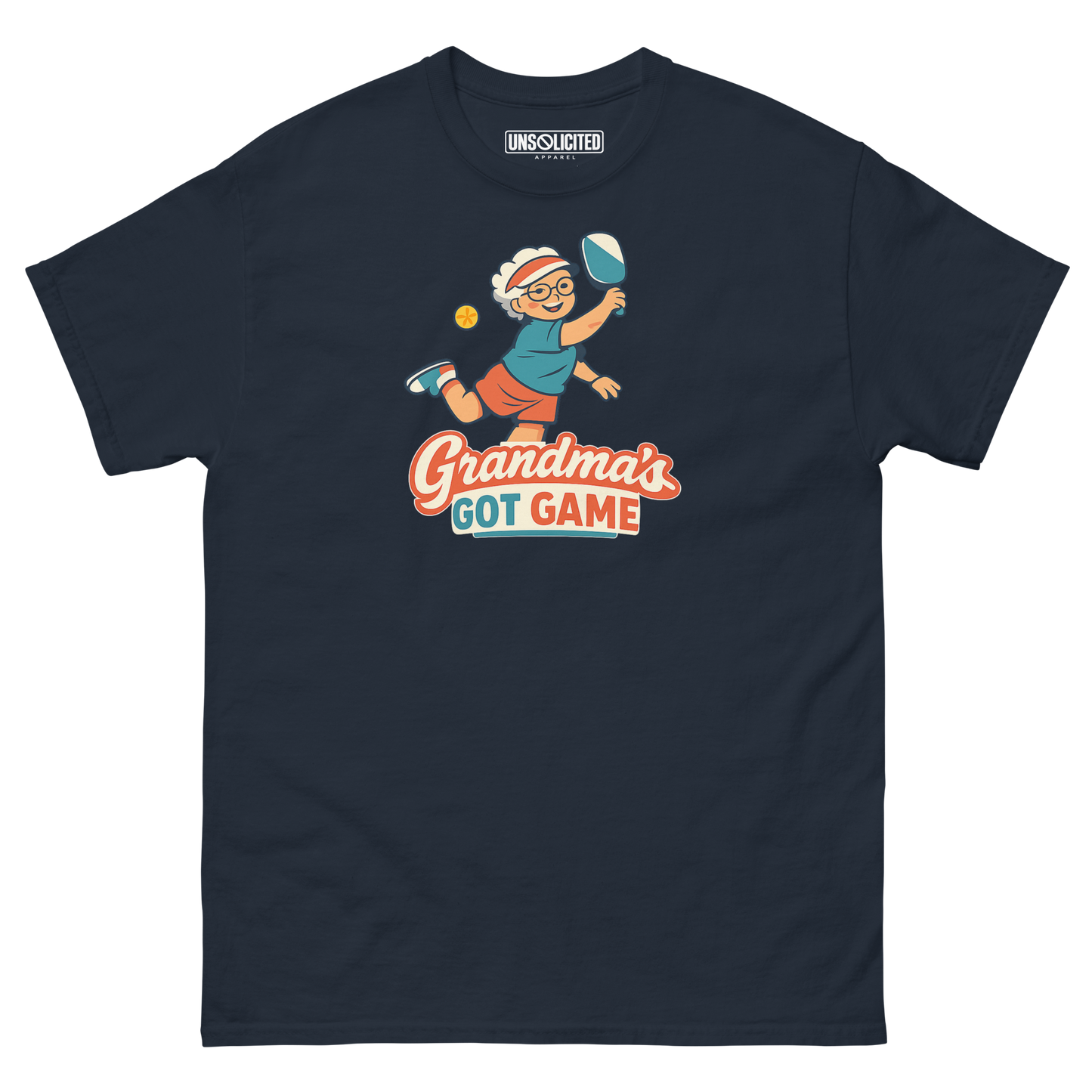 Grandma's Got Game funny pickleball shirt in Navy, front view