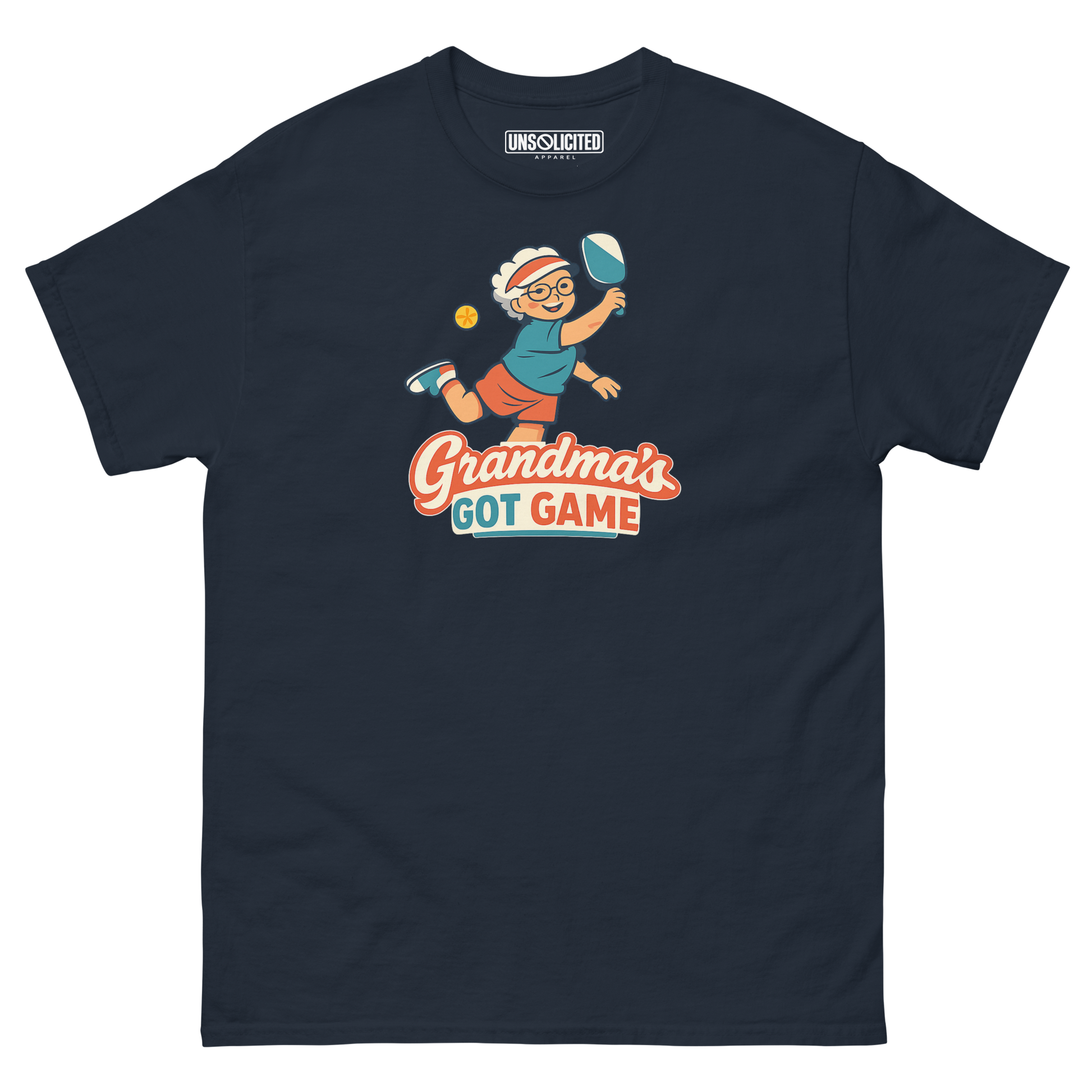 Grandma's Got Game funny pickleball shirt in Navy, front view