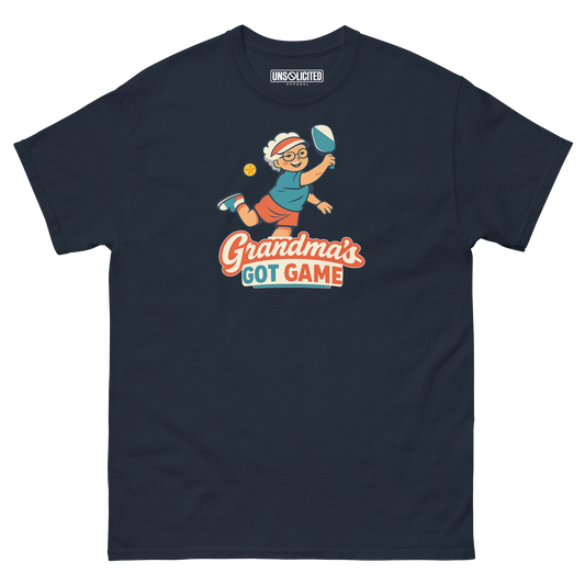 Grandma's Got Game funny pickleball shirt in Navy, front view