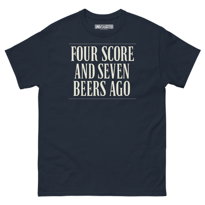 Four Score and Seven Beers Ago funny drinking shirt in navy, front view