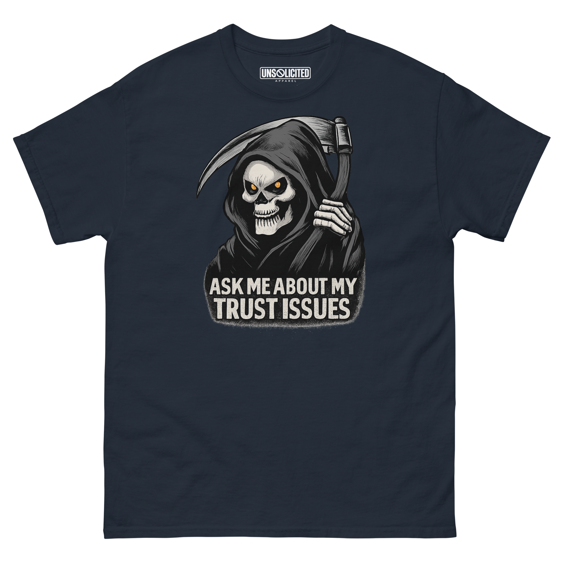 Ask Me About My Trust Issues Grim Reaper Halloween shirt in navy, front view