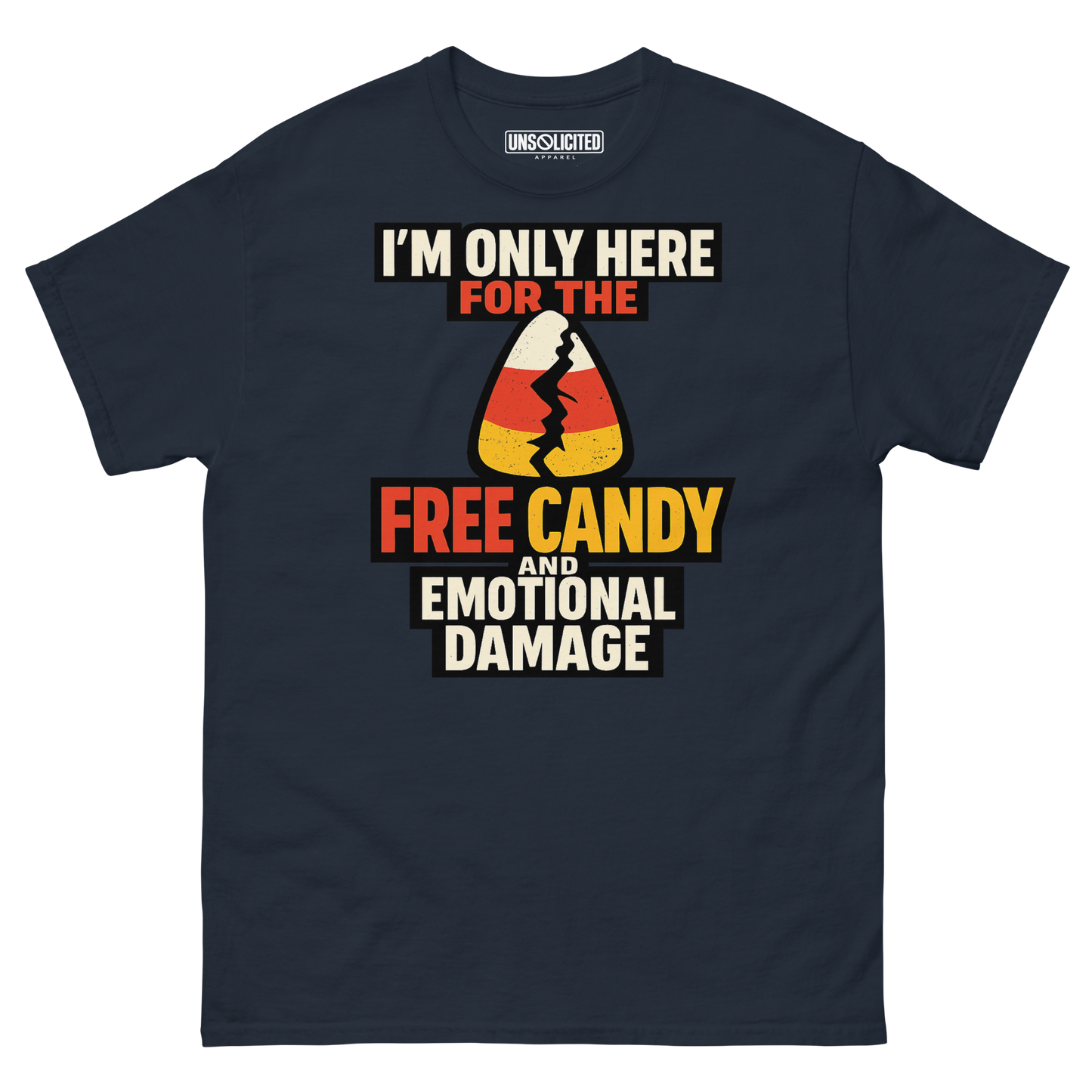 Free Candy and Emotional Damage funny Halloween shirt in navy, front view