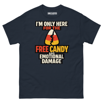 Free Candy and Emotional Damage funny Halloween shirt in navy, front view