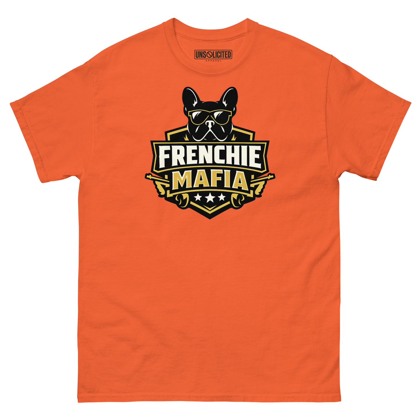 Frenchie Mafia funny French Bulldog shirt in Orange, front view
