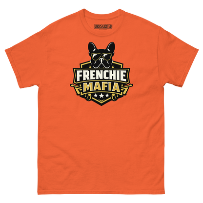 Frenchie Mafia funny French Bulldog shirt in Orange, front view