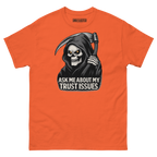 Ask Me About My Trust Issues Grim Reaper Halloween shirt in orange, front view