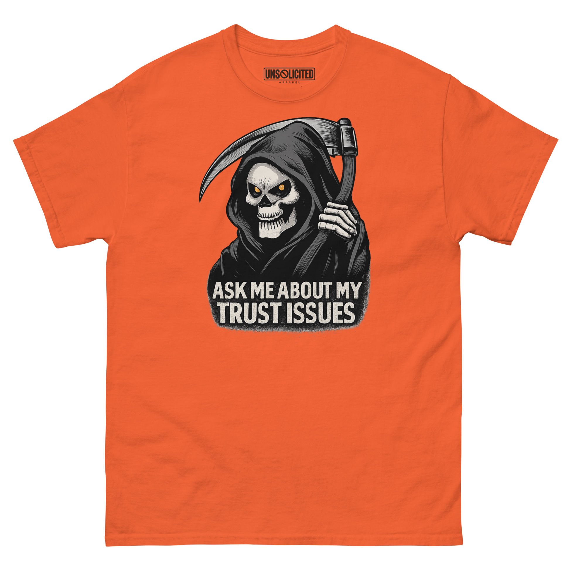 Ask Me About My Trust Issues Grim Reaper Halloween shirt in orange, front view