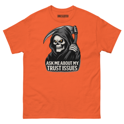 Ask Me About My Trust Issues Grim Reaper Halloween shirt in orange, front view