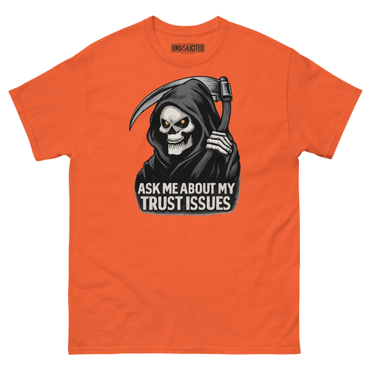 Ask Me About My Trust Issues Grim Reaper Halloween shirt in orange, front view