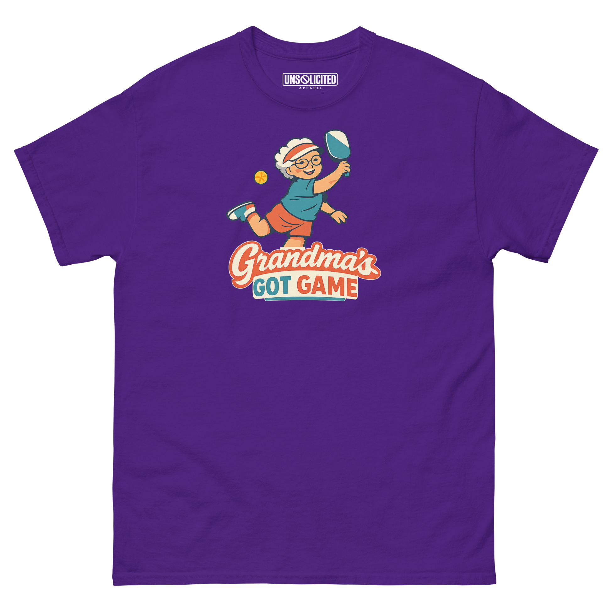 Grandma's Got Game funny pickleball shirt in Purple, front view