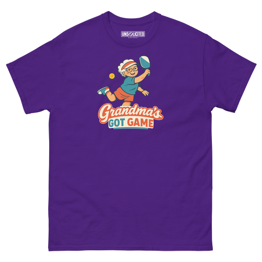 Grandma's Got Game funny pickleball shirt in Purple, front view