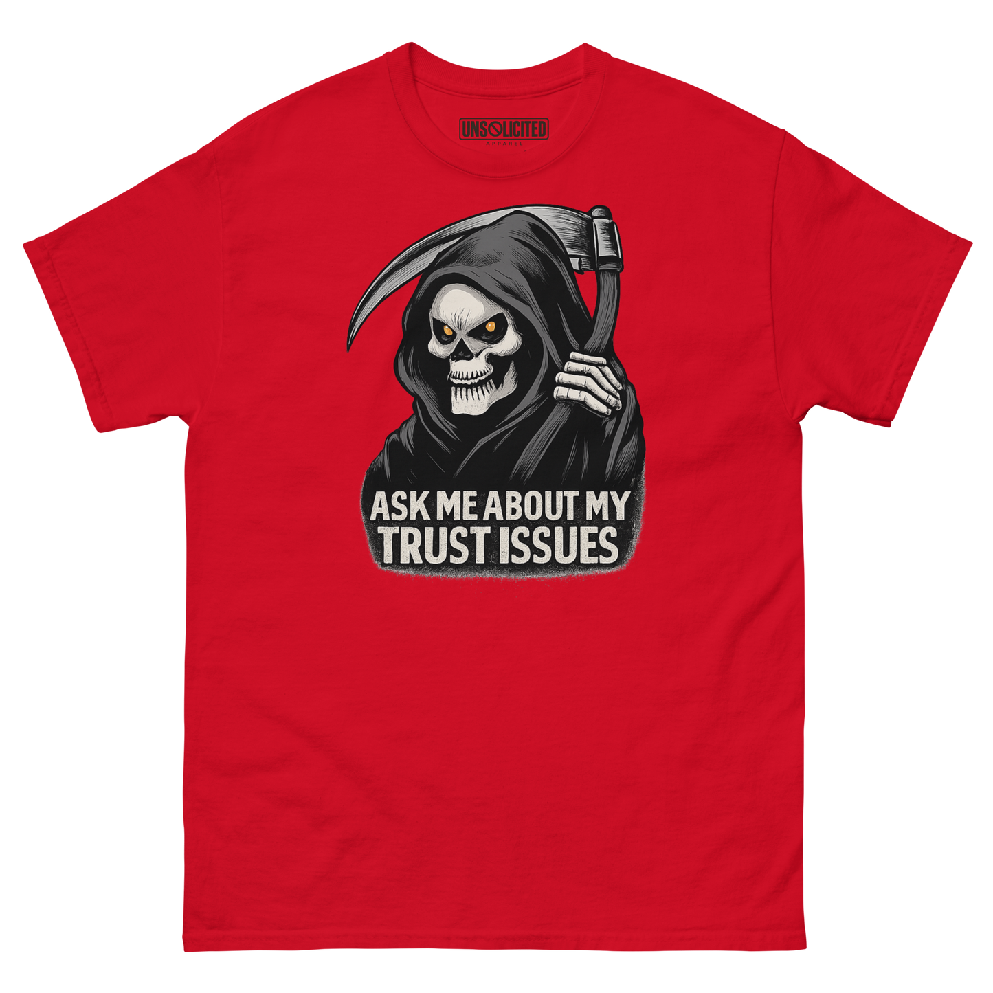 Ask Me About My Trust Issues Grim Reaper Halloween shirt in red, front view