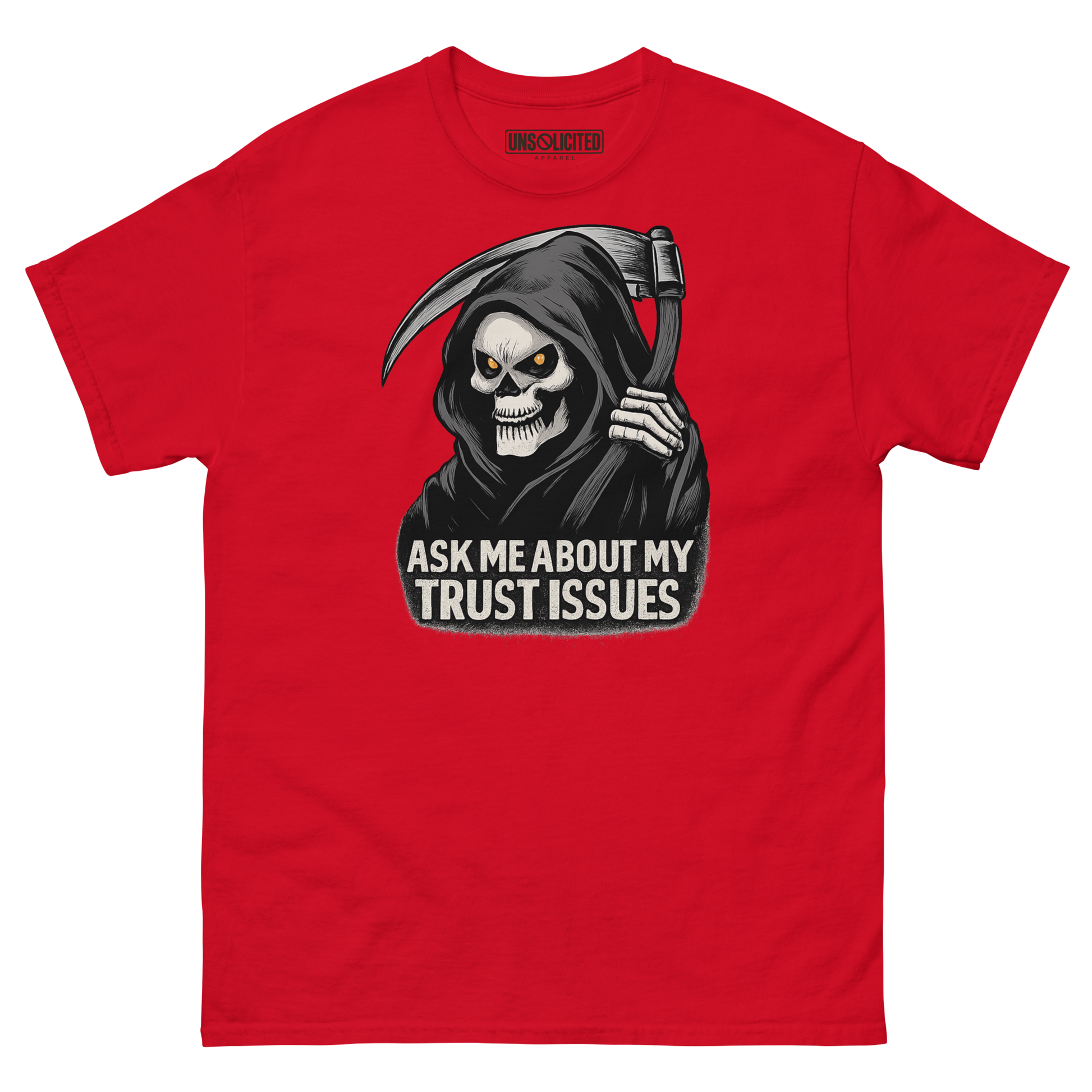 Ask Me About My Trust Issues Grim Reaper Halloween shirt in red, front view