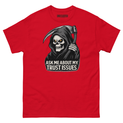 Ask Me About My Trust Issues Grim Reaper Halloween shirt in red, front view