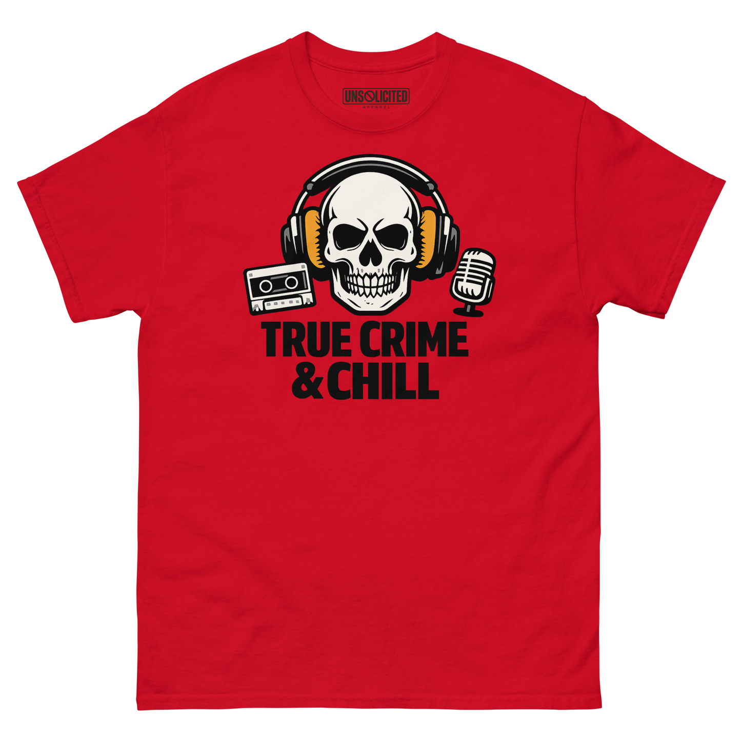 True Crime and Chill funny podcast shirt in red, front view