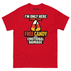 Free Candy and Emotional Damage funny Halloween shirt in red, front view