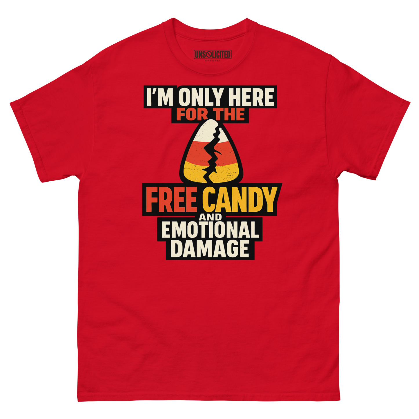Free Candy and Emotional Damage funny Halloween shirt in red, front view