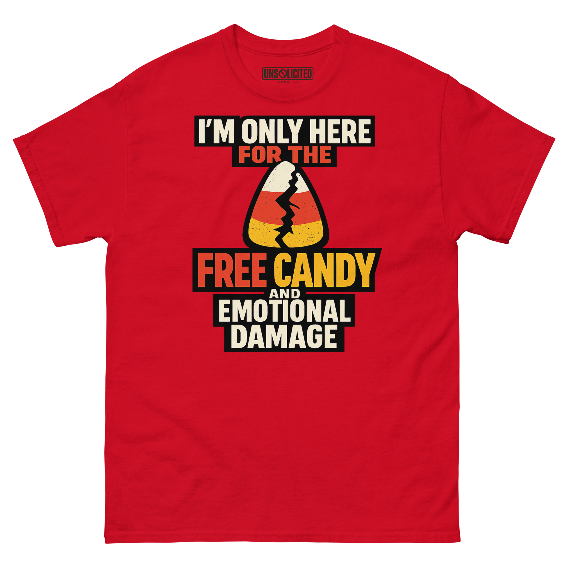 Free Candy and Emotional Damage funny Halloween shirt in red, front view