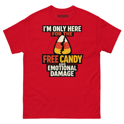 Free Candy and Emotional Damage funny Halloween shirt in red, front view