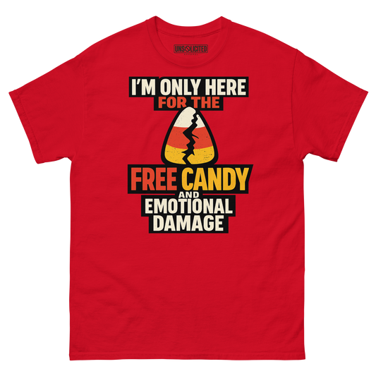 Free Candy and Emotional Damage funny Halloween shirt in red, front view