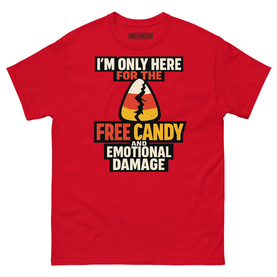 Free Candy and Emotional Damage funny Halloween shirt in red, front view