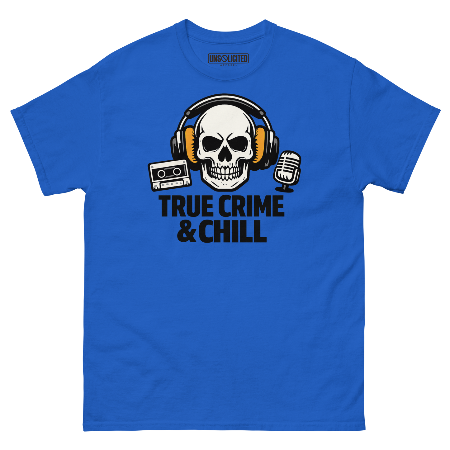 True Crime and Chill funny podcast shirt in royal blue, front view
