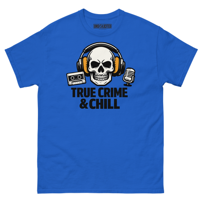 True Crime and Chill funny podcast shirt in royal blue, front view
