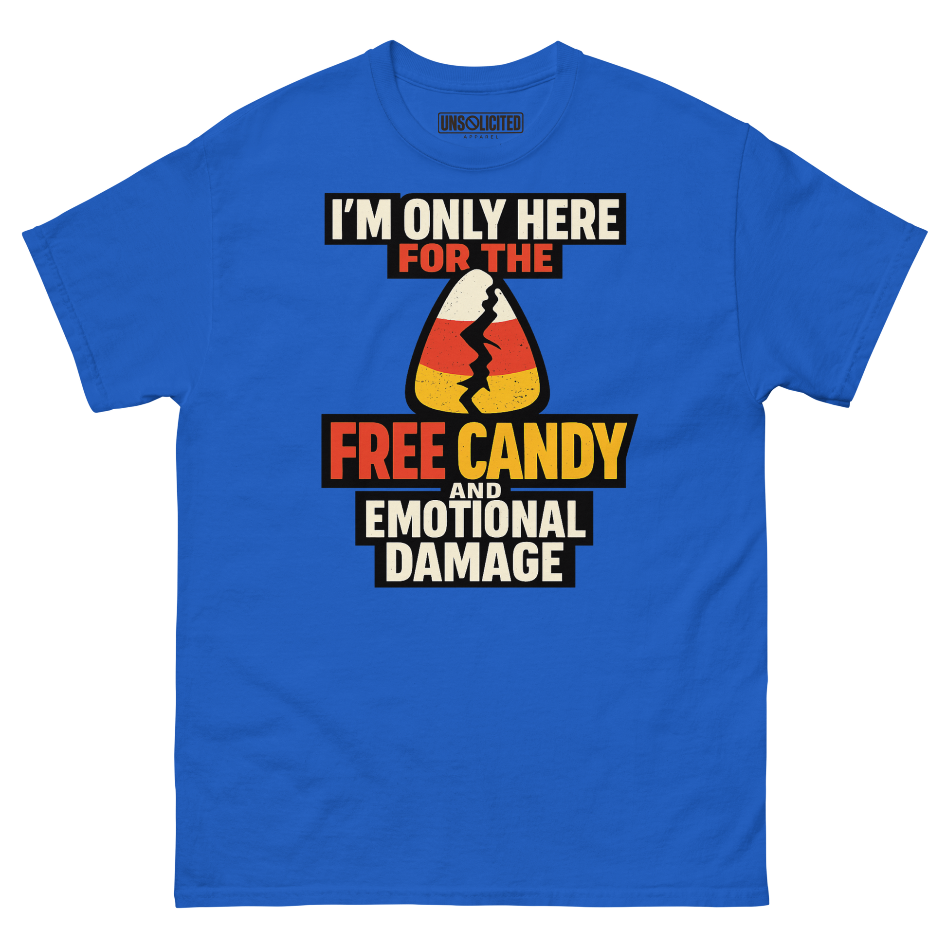 Free Candy and Emotional Damage funny Halloween shirt in royal blue, front view