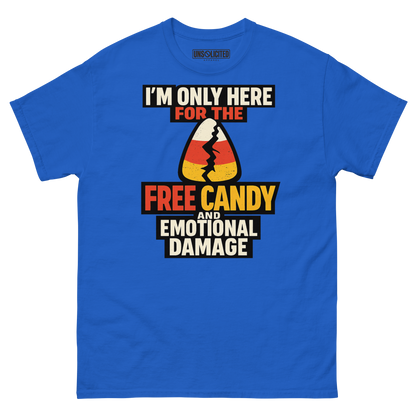 Free Candy and Emotional Damage funny Halloween shirt in royal blue, front view