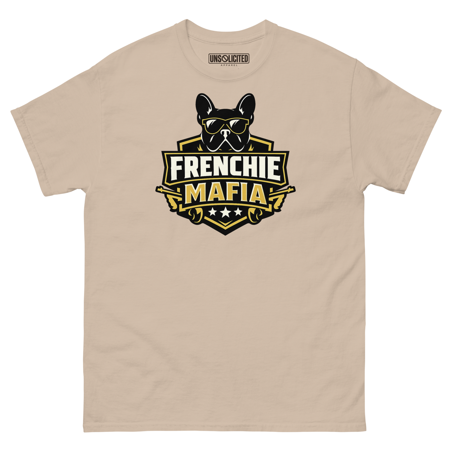 Frenchie Mafia funny French Bulldog shirt in Sand, front view