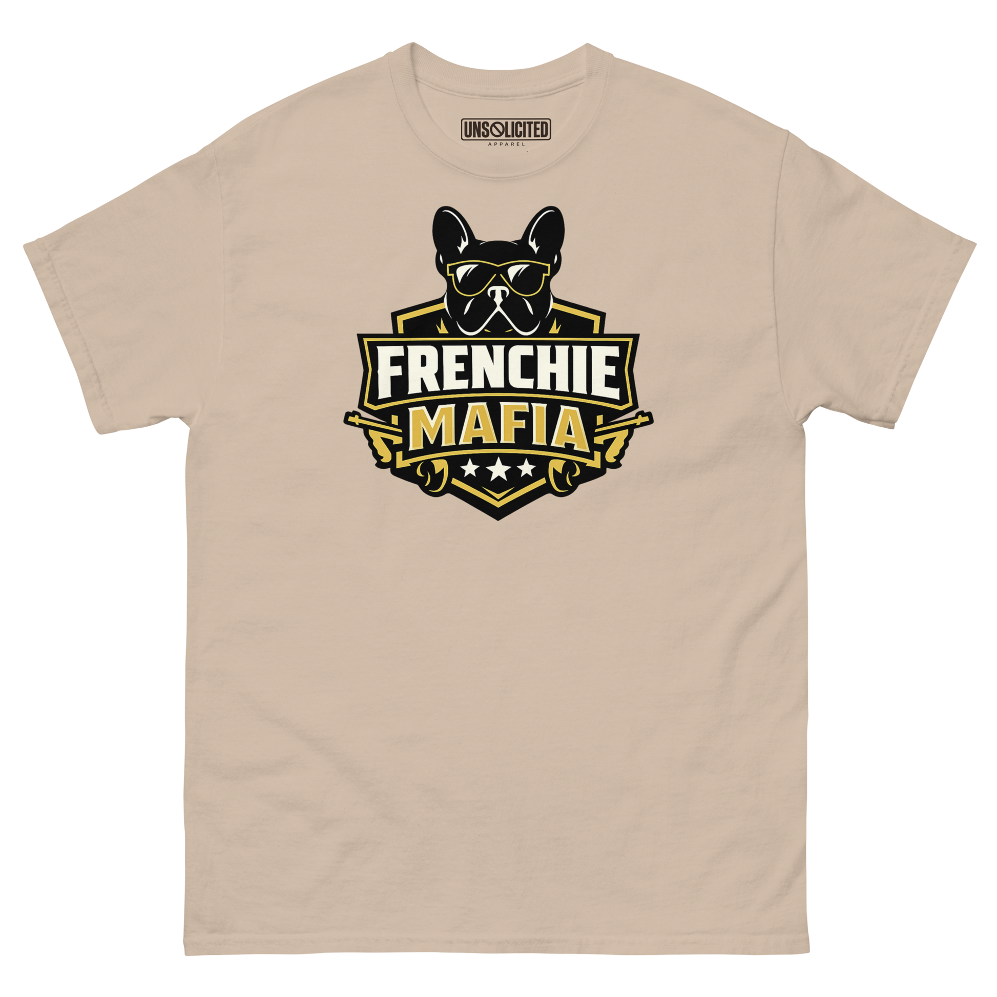 Frenchie Mafia funny French Bulldog shirt in Sand, front view