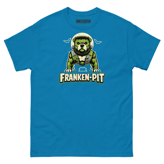 Franken-Pit pitbull Halloween shirt in sapphire, front view