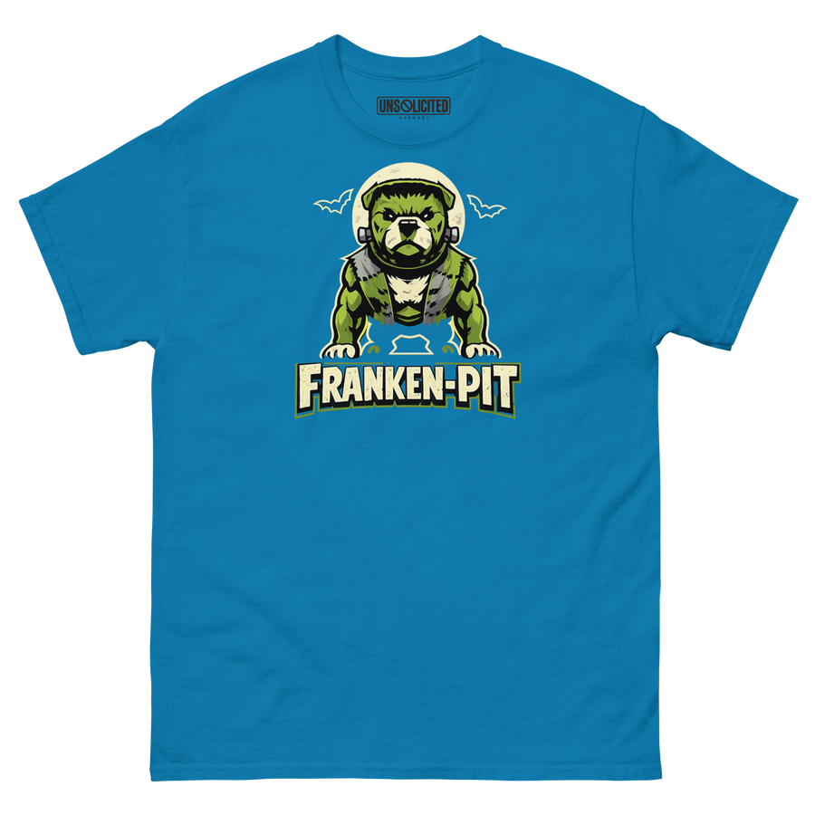 Franken-Pit pitbull Halloween shirt in sapphire, front view